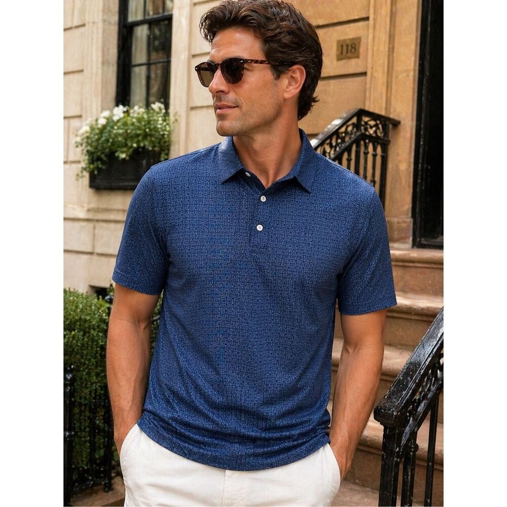 J.Crew Performance Polo Shirt Blue Geometric Stretch Moisture Wicking Mens L NEW